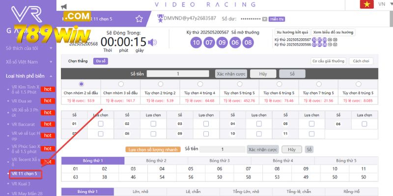 VR 11 chọn 5 789WIN - Bước vào cuộc đua cùng những con số Lựa chọn trò chơi VR 11 chọn 5 bắt đầu dự đoán con số may mắn